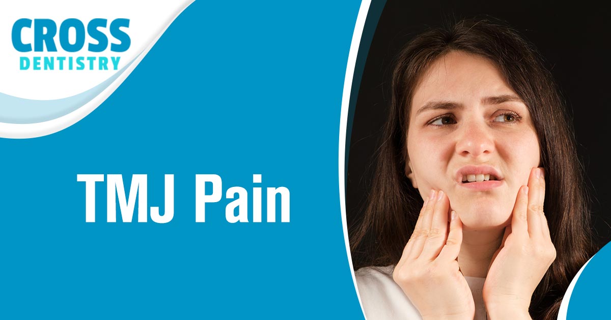 Image of a the young woman is holding her hands to the sides of her jaws trying to sooth her TMJ pain. Cross Dentistry is now offering the latest and most advanced TMJ treatment options. Our dentists dedicate themselves to finding the best possible solution to alleviate your pain. It's no longer necessary to live in constant pain. Start living life again!