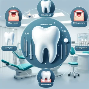 Factors influencing the dental filling cost in Frederick, An informative illustration detailing the factors that influence the cost of dental fillings in Frederick, MD. The image highlights elements such as filling material, cavity size, and practice location.