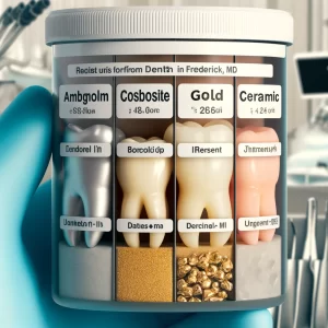 Different types of dental filling materials used in Frederick, MD, including amalgam, composite resin, gold, and ceramic fillings, with dental filling cost displayed in a dental clinic setting